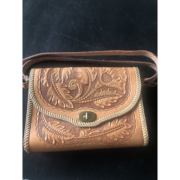 VTG Retro Hippie Embossed Hand Tooled Boho Floral Leather Purse Bag Not Supple - Picture 1 of 10